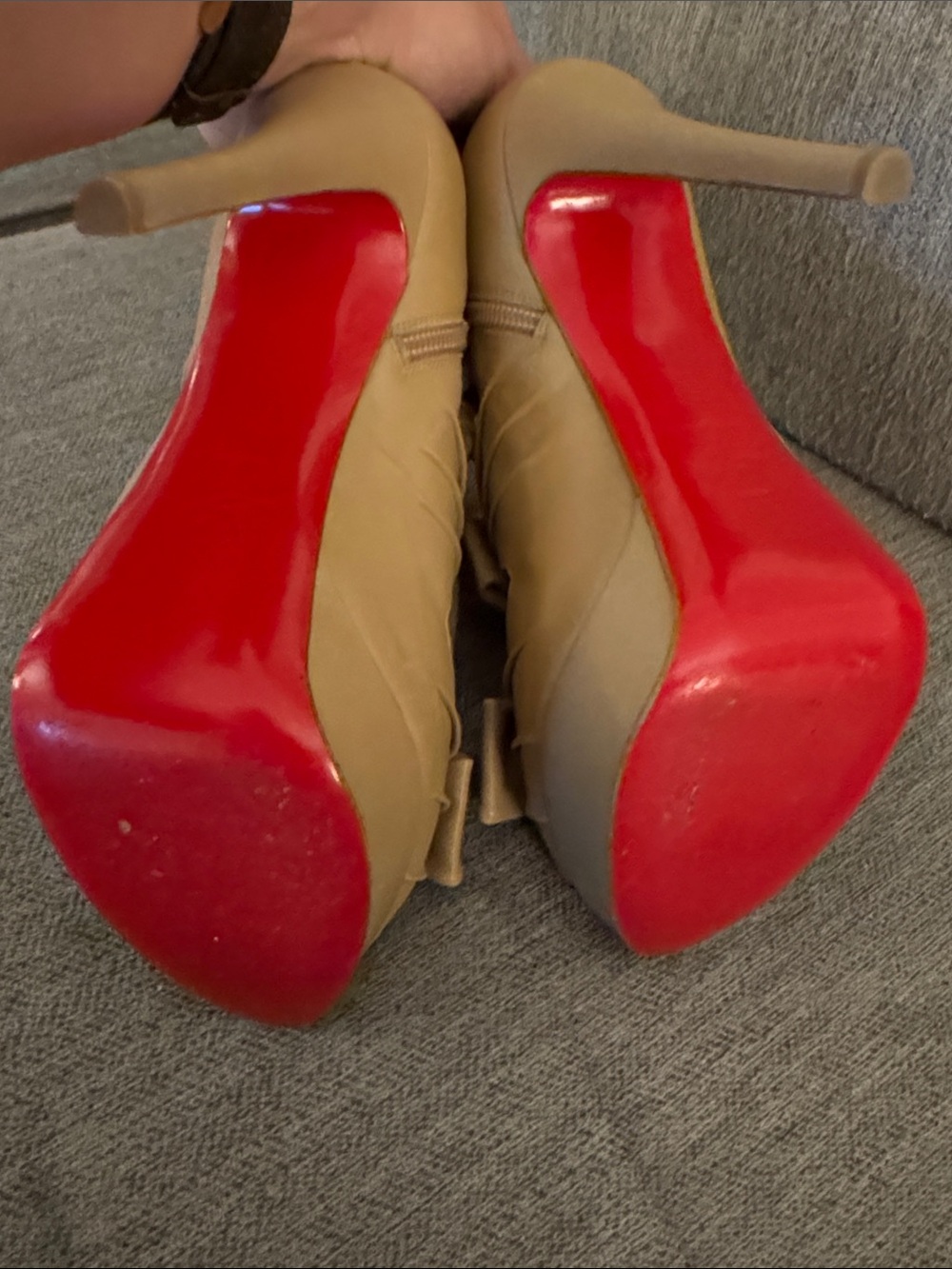 Christian Louboutin Tan Bow Platform Pumps with Red Soles - Picture 9 of 11